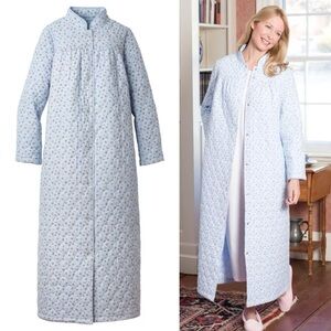 THE VERMONT COUNTRY STORE Double-Quilted Long Cotton Flannel Robe Blue Medium